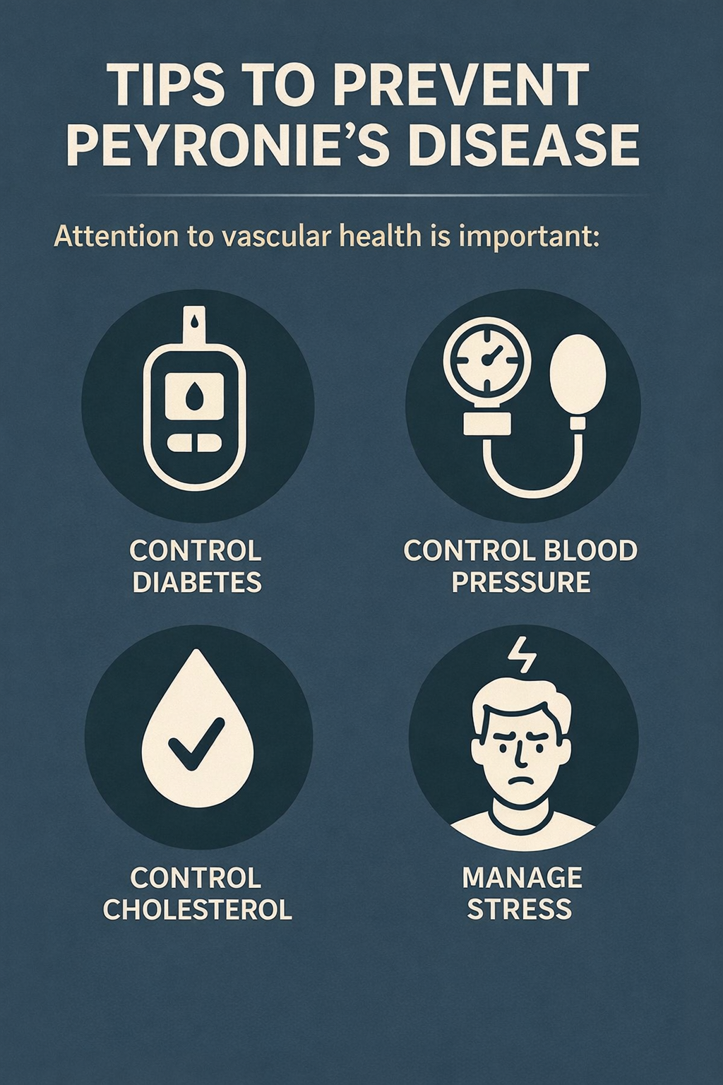 Infographic with a dark green background featuring icons related to stress management and the control of diabetes, blood pressure, and cholesterol.