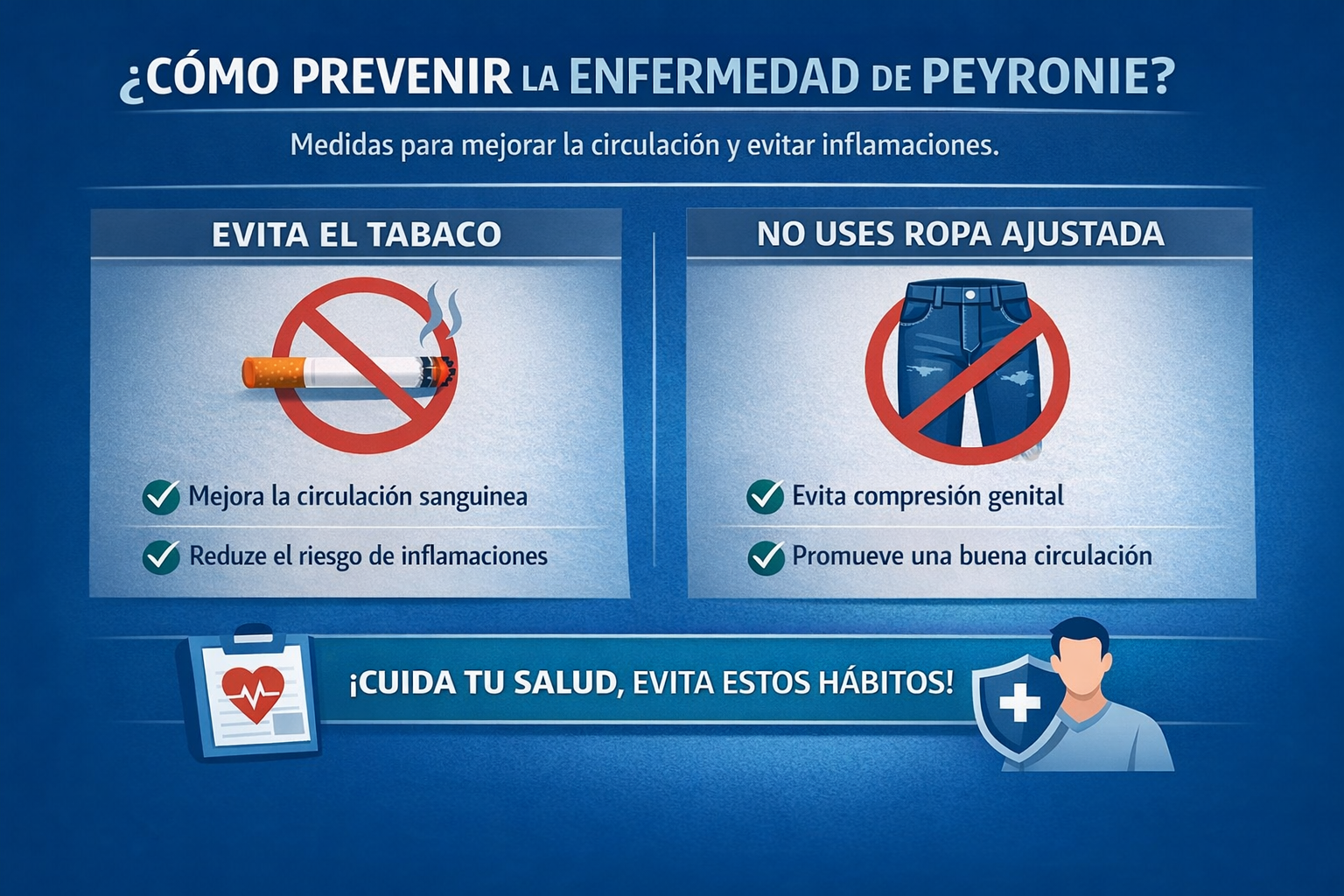 Infografía sobre la prevención de la Enfermedad de Peyronie, indicando evitar el tabaquismo y la ropa ajustada para mejorar la circulación y prevenir inflamaciones.
