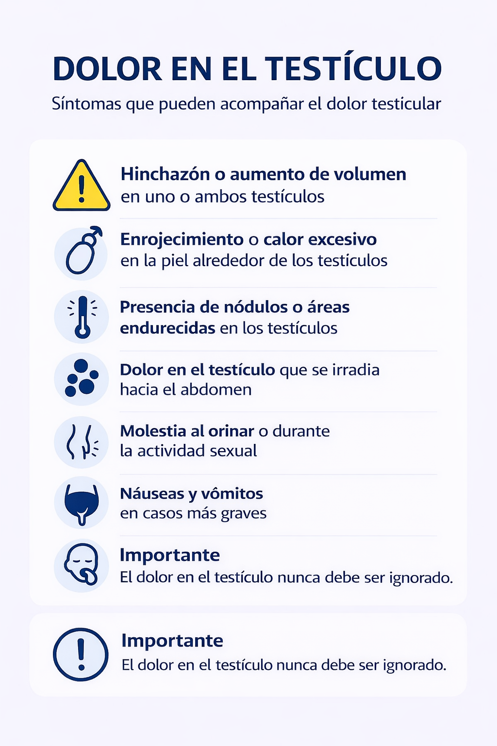 Infografía con fondo blanco que resume los principales síntomas del dolor en los testículos.