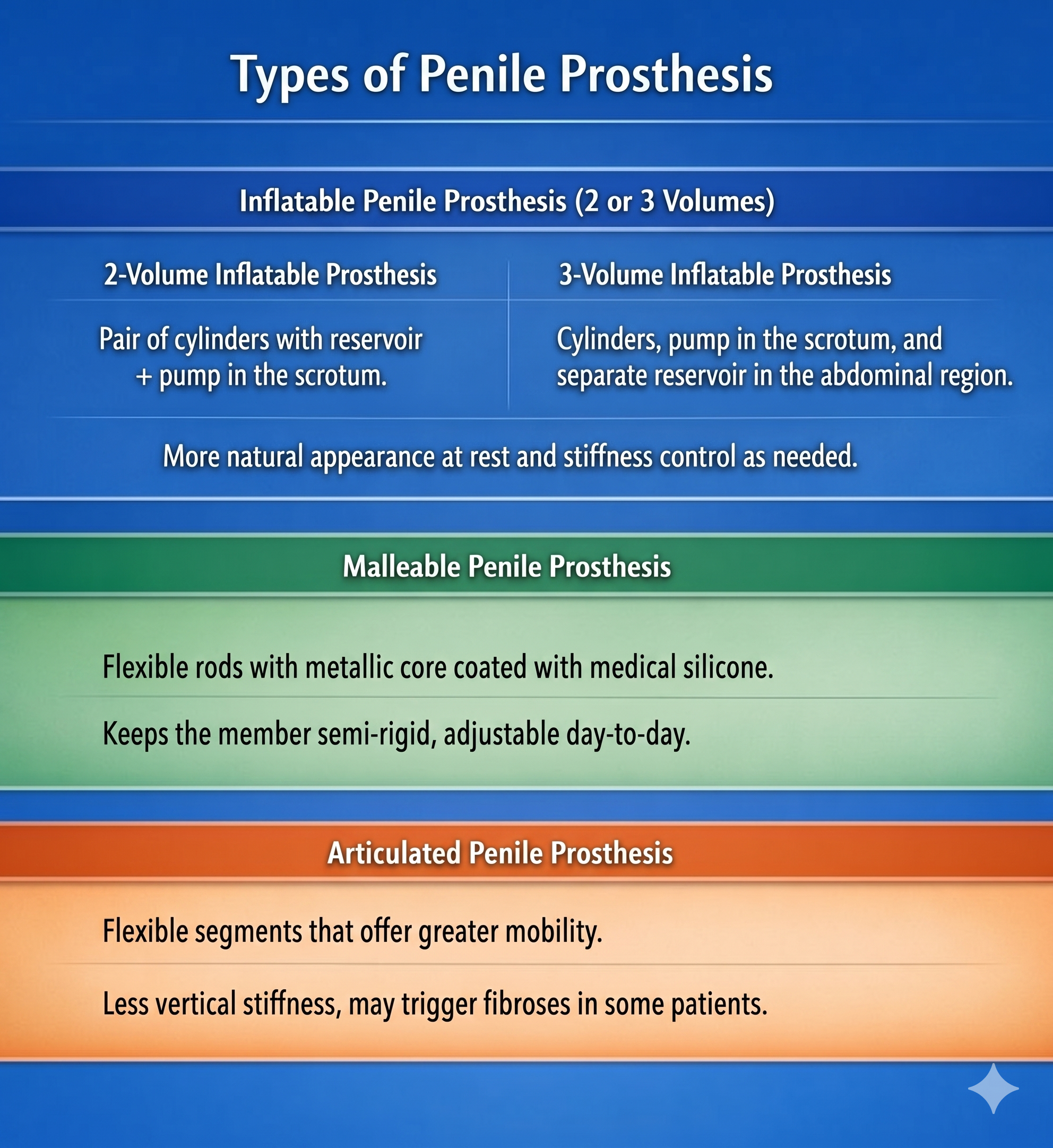 Infographic with blue background explaining the differences between penile prostheses.
