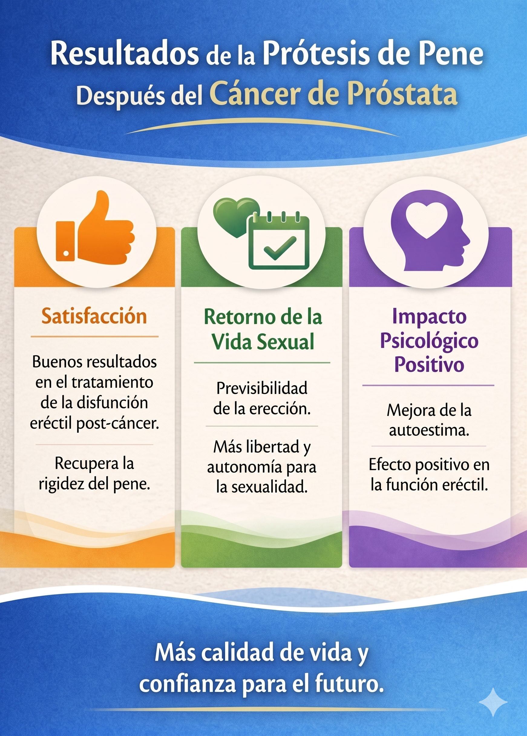 Infografía que explica los resultados de la prótesis peneana después del cáncer de próstata: satisfacción, retorno de la vida sexual e impacto psicológico positivo.