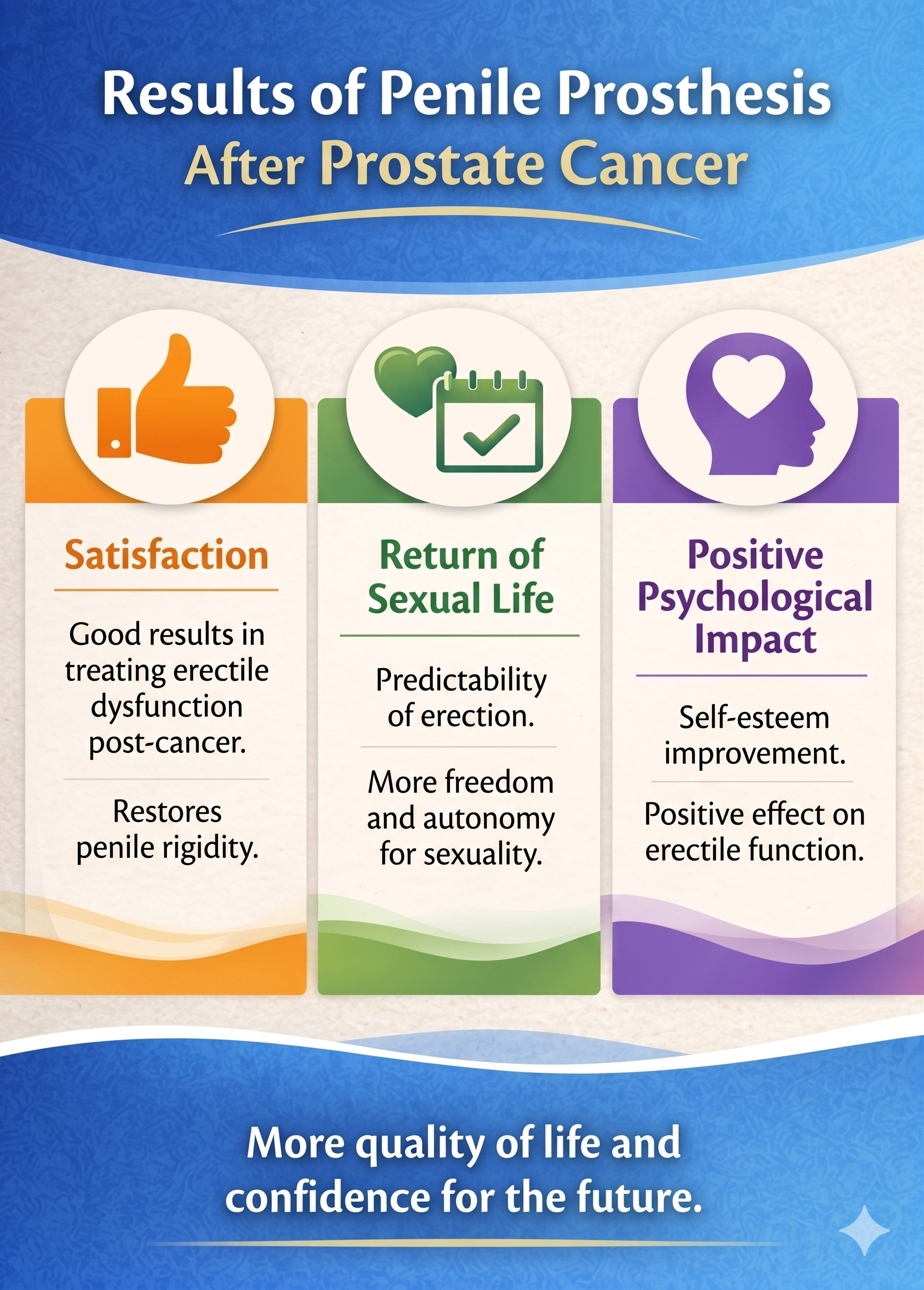 Infográfico explicando os resultados da prótese peniana após câncer de próstata: satisfação, retorno da vida sexual e impacto psicológico positivo.