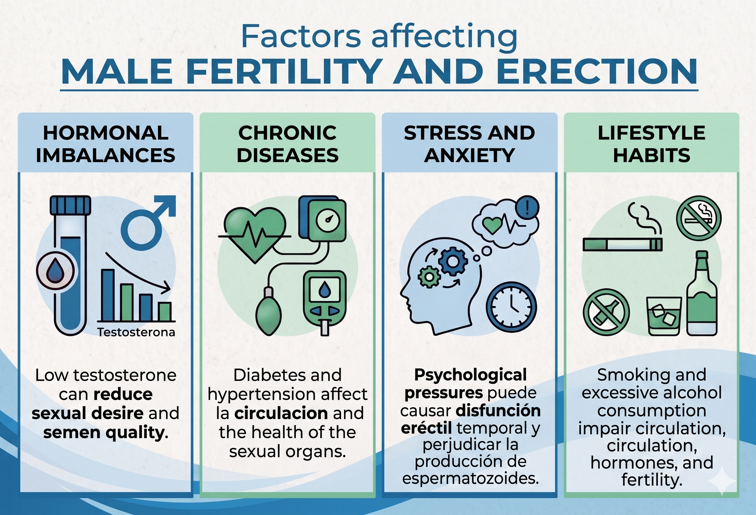 Infographic explaining the factors that influence erectile function and male fertility: hormonal changes, chronic diseases, stress, anxiety, and lifestyle habits.