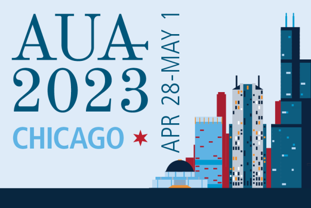 Logotipo ofiicial do Congress AUA 2023. Ele traz o nome do evento, a localização e a data de realização à esquerda e à direita, imagens de prédios da cidade de Chicago. A cor predominante é azul.