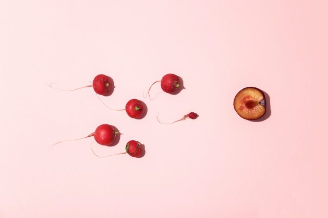 fundo rosa, pequenas frutas vermelhas com cabo à esquerda indo em direção a um pêssego cortado ao meio à direita, simbolizando espermatozóides, óvulo e a fertilidade masculina